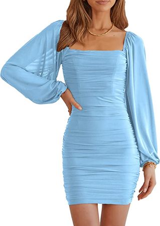 Amazon.com: MASCOMODA Women Elegant Square Neck Lantern Long Sleeve Mini Ruched Bodycon Dress Stretch Mesh Slim Party Cocktail Dresses(Large,Light Blue) : Clothing, Shoes & Jewelry