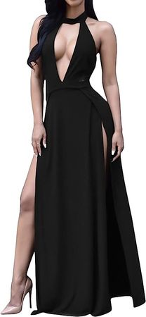 Amazon.com: Velius Women Sexy Hollow Out Halter Wrap Sleeveless Plain Pleated Slit Casual Long Maxi Dress : Clothing, Shoes & Jewelry