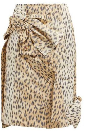 Brooch Embellished Leopard Print Silk Skirt - Womens - Leopard