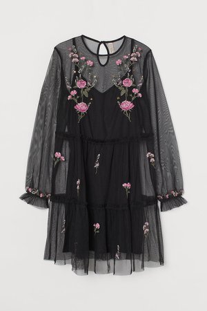 Embroidered Mesh Dress - Black