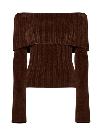 brown ribbed jacquemus off the shoulder knit sweater