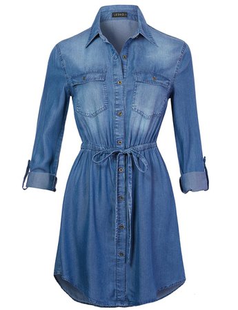 LE3NO Womens Long Sleeve Button Up Tencel Denim Shirt Dress with Adjustable Drawstring | LE3NO blue