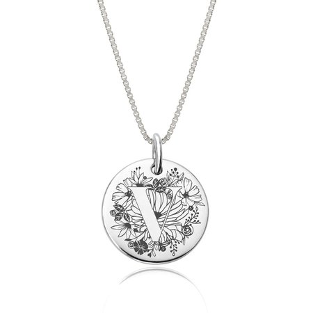 John Greed Silver Engraved Floral Letter V Necklace
