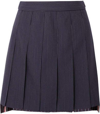 Pleated Pinstriped Wool Mini Skirt - Navy