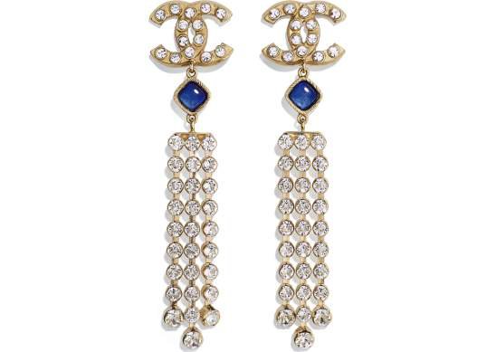 Earrings, metal, glass & strass, gold, blue & crystal - CHANEL