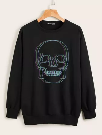 Drop Shoulder Skull Print Pullover | SHEIN USA black