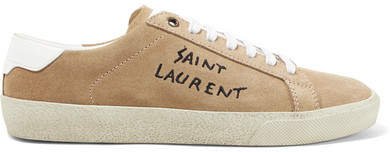 Leather-trimmed Logo-embroidered Suede Sneakers - Beige