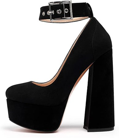 *clipped by @luci-her* Women's Platform Pumps Block Chunky Heels Round Toe 6" Sky High Pumps with Ankle Strap