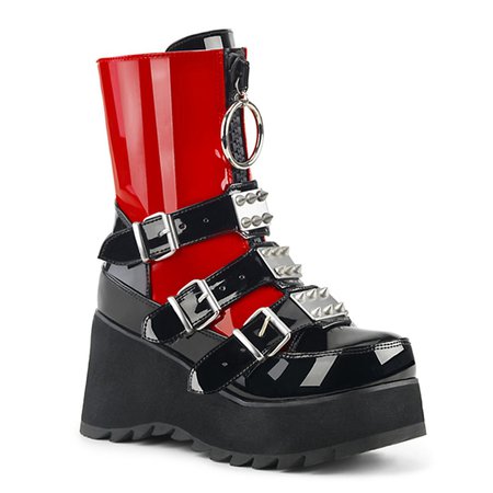 Demonia SCENE-51 Red Buckled Gothic Platform Boots - Demonia Shoes - SinisterSoles.com