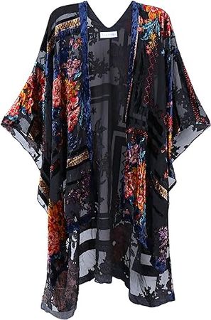 WeHello Women's Burnout Velvet Kimono Long Cardigan Cover Up with Tassel Black Flower Without Tassel at Amazon Women’s Clothing store
