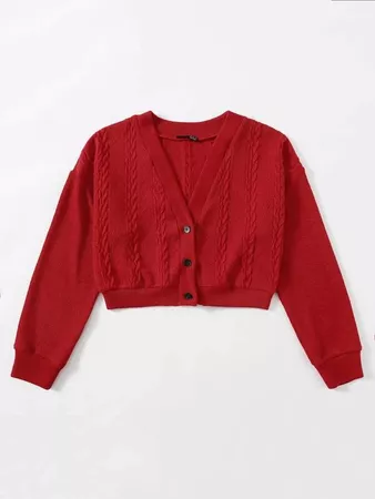 Buttoned Front Cable Knit Cardigan | SHEIN USA red