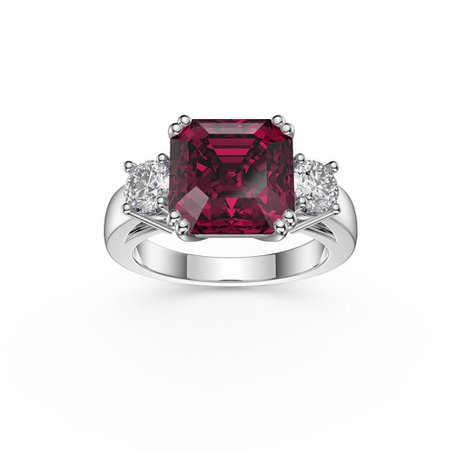Princess 3ct Ruby Asscher Cut 18ct White Gold Three Stone Engagement Ring | Jian London