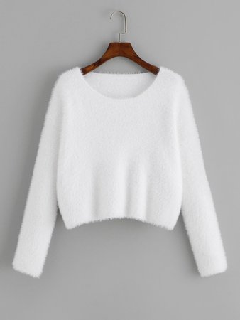 Round Neck Solid Fuzzy Sweater | SHEIN