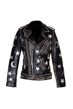 Women Luna Moon Star Leather Jacket, Hazmat Design Studded Rock Roll Heavy Metal