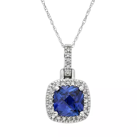 Lab-Created Sapphire & 1/8 Carat T.W. Diamond 10k White Gold Halo Pendant Necklace