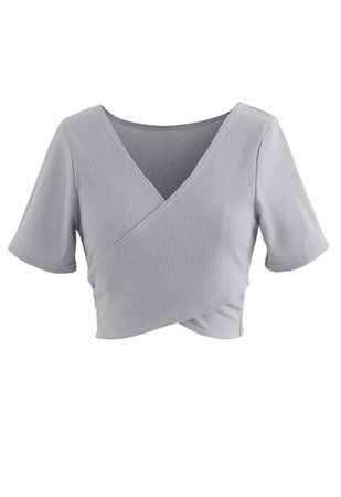 Crisscross Front Short Sleeves Ribbed Top in Grey - Retro, Indie and Unique Fashion