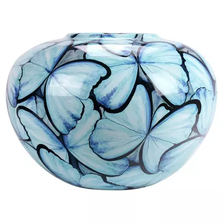 Blue Butterflies Vase, Vessel Glazed Ceramic, Majolica Ornament, Handmade Italy For Sale at 1stDibs