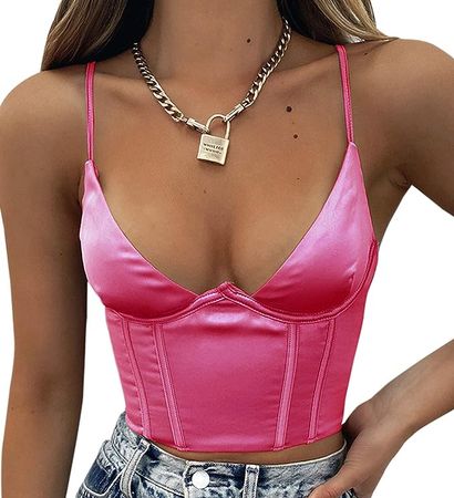SAFRISIOR Women Spaghetti Strap V Neck Bustier Corset Top Sleeveless Slim Sexy Crop Cami Top Clubwear Party Crop Top Outwear (Large, Rose Pink) at Amazon Women’s Clothing store