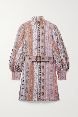 Luminous Belted Floral-print Linen Mini Dress - Beige