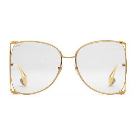 Oversize round-frame metal glasses in Oversize gold metal frame with butterfly shape effect—the forked edges transform into two small snake heads on each side | Gucci Women's Square & Rectangle