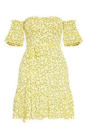 Yellow Ditsy Print Bardot Frill Hem Skater Dress | PrettyLittleThing