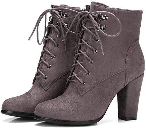 Amazon.com | MIOKE Women's Round Toe Martin Ankle Boots Suede Lace Up Zipper Chunky Block High Heel Dressy Short Booties | Ankle & Bootie