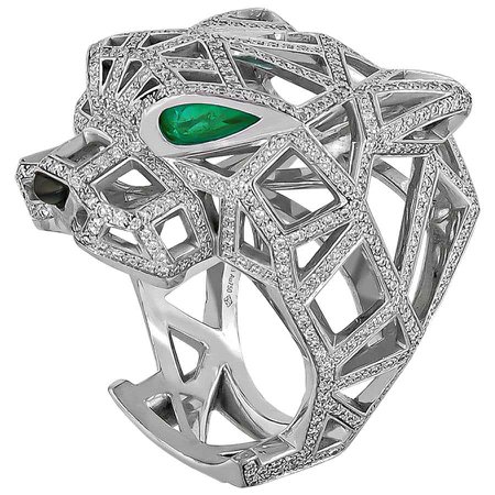 Cartier Diamond Emerald Onyx Openwork Panther Head Ring For Sale at 1stDibs