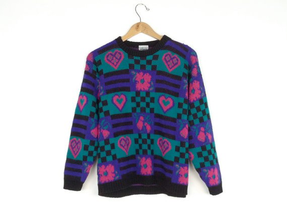 90's Teal & Pink Floral Hearts Checkers Stripes Sweater
