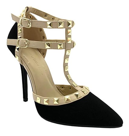 Amazon.com | Wild Diva Womens Pointy Toe Gold Stud Strappy Ankle T-Strap Stiletto Heel Pump Sandal | Pumps