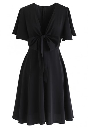 Knotted Front Flare Sleeves Midi Dress in Black - NEW ARRIVALS - Retro, Indie and Unique Fashion