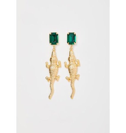 Green Gem Alligator Earrings Gold | Dolls Kill