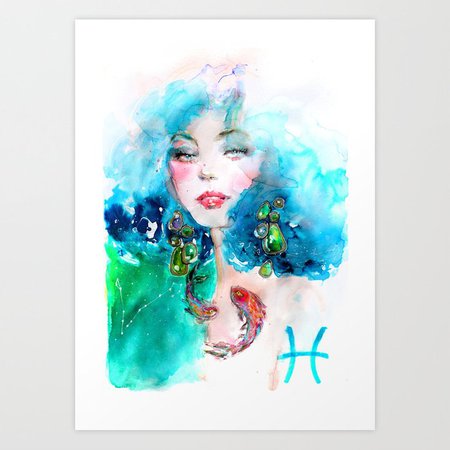 pisces-girl-zodiac-watercolor-illustration-prints.jpg (700×700)
