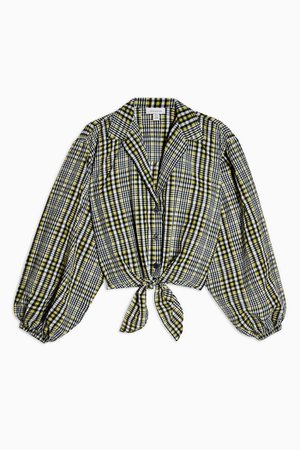 PETITE Black and Yellow Gingham Tie Front Shirt | Topshop