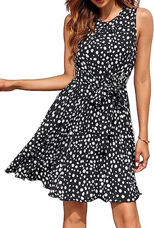 Cnkwei Sleeveless Pleated Dress Summer Tie Waist A-Line Mini Dress for Women at Amazon Women’s Clothing store