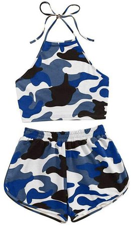 Women Teen Girls 2 Piece Sports Outfit Set Fashion Spaghetti Strap Crop Top + High Waist Shorts (Blue, S) at Amazon Women’s Clothing store