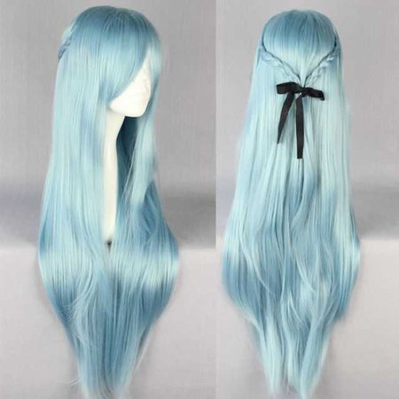 Cosplay Costume Lady Girl Long Full Straight Blue Wig + free hairnet | eBay