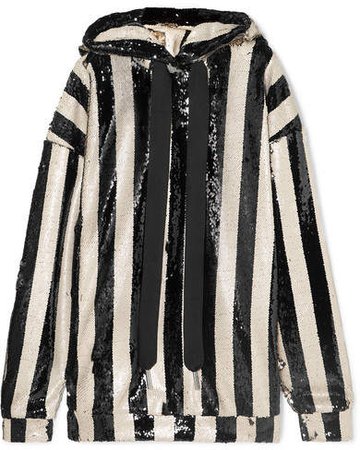 Marques' Almeida - Oversized Striped Sequined Tulle Hoodie - Black