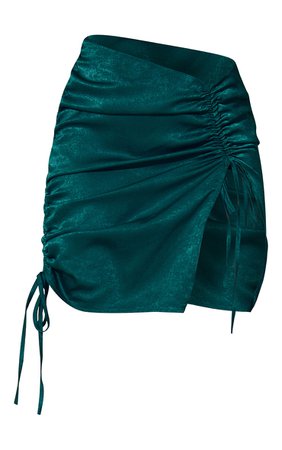 Emerald Green Hammered Satin Ruched Mini Skirt | PrettyLittleThing