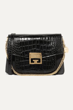 Black GV3 small croc-effect leather and suede shoulder bag | Givenchy | NET-A-PORTER