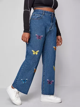 Plus Butterfly Embroidered Raw Hem Wide Leg Jeans | SHEIN USA