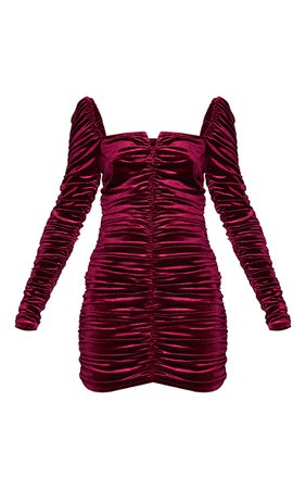 Wine Velvet Long Sleeve Ruched V Neck Bodycon Dress | PrettyLittleThing USA