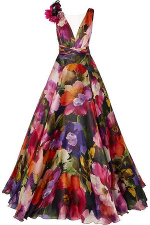 Appliquéd Tulle-trimmed Floral-print Silk-organza Gown - Pink