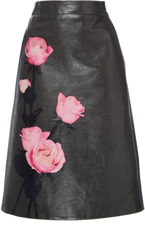 Floral-Print Leather Skirt Size: 52