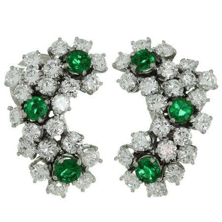 Tiffany and Co. Diamond Emerald Platinum Clip-On Earrings For Sale at 1stDibs