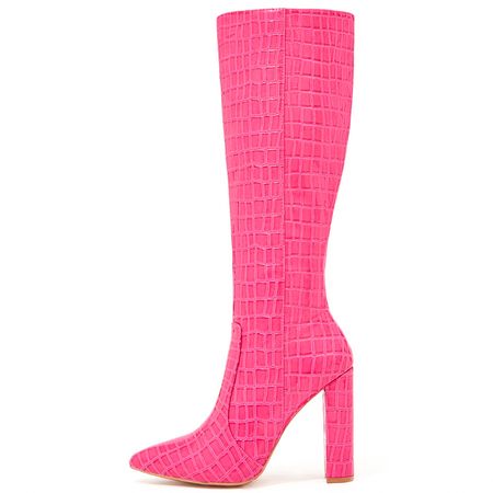 Pink Crocodile Leather Boots Pointed Toe Chunky Heel Boots