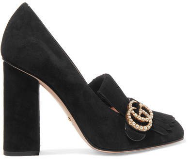 Marmont Fringed Logo And Faux Pearl-embellished Suede Pumps - Black