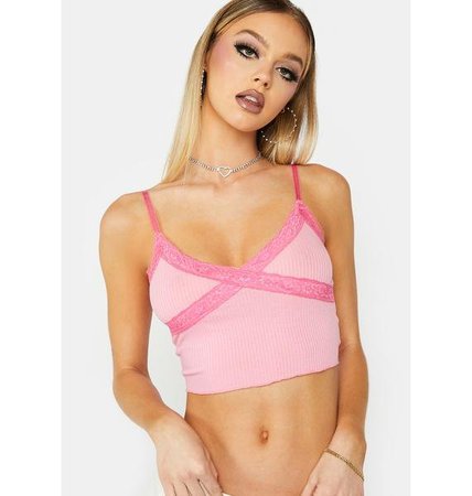 Lace Ribbed Cropped Cami Tank Top - Pink | Dolls Kill