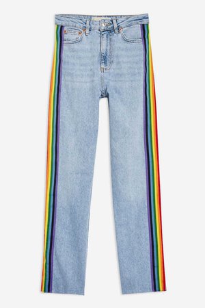 MOTO Mid Bleach Raw Hem Rainbow Side Stripe Straight Leg Jeans - Straight Leg Jeans - Jeans - Topshop
