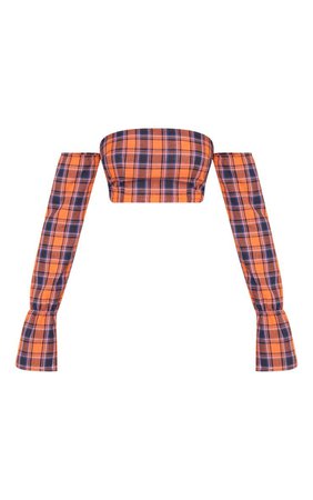 Neon Orange Check Bardot Long Sleeve Top | PrettyLittleThing