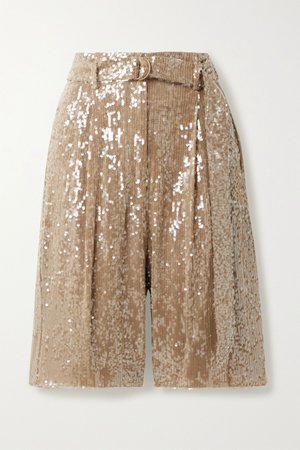 Light brown Belted paillette-embellished georgette shorts | Sally LaPointe | NET-A-PORTER